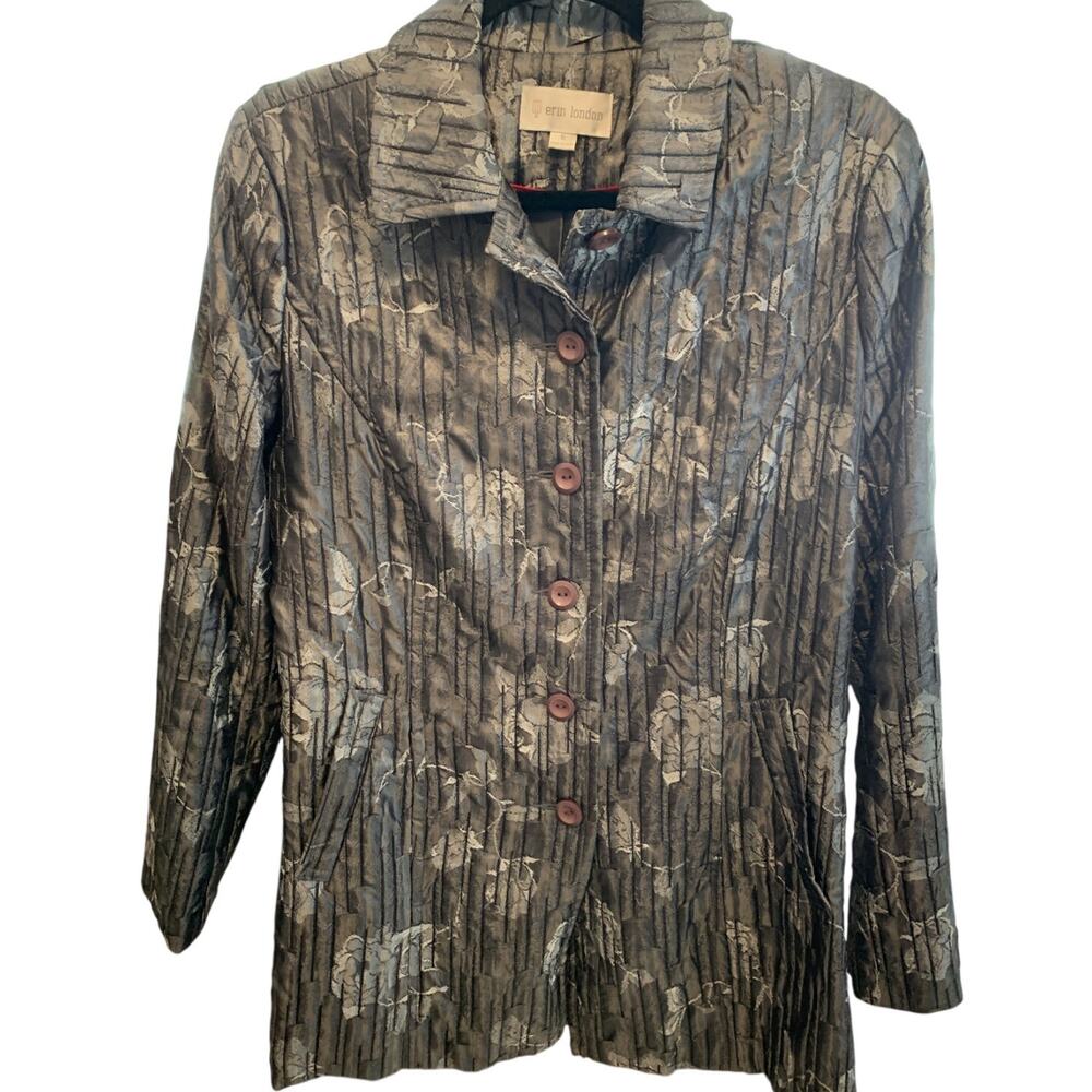 Vintage Erin London Blazer Silver/Gray Satin Brocade Pockets Tunic Size S